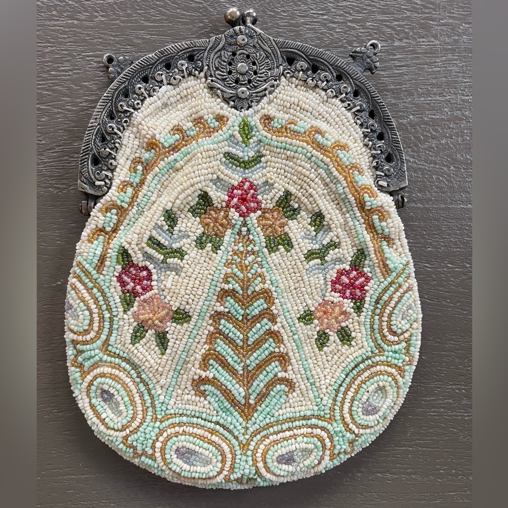 Vintage Beaded Bag, made in India, silk lined, 6.5” W x 8” H, chain 16” drop